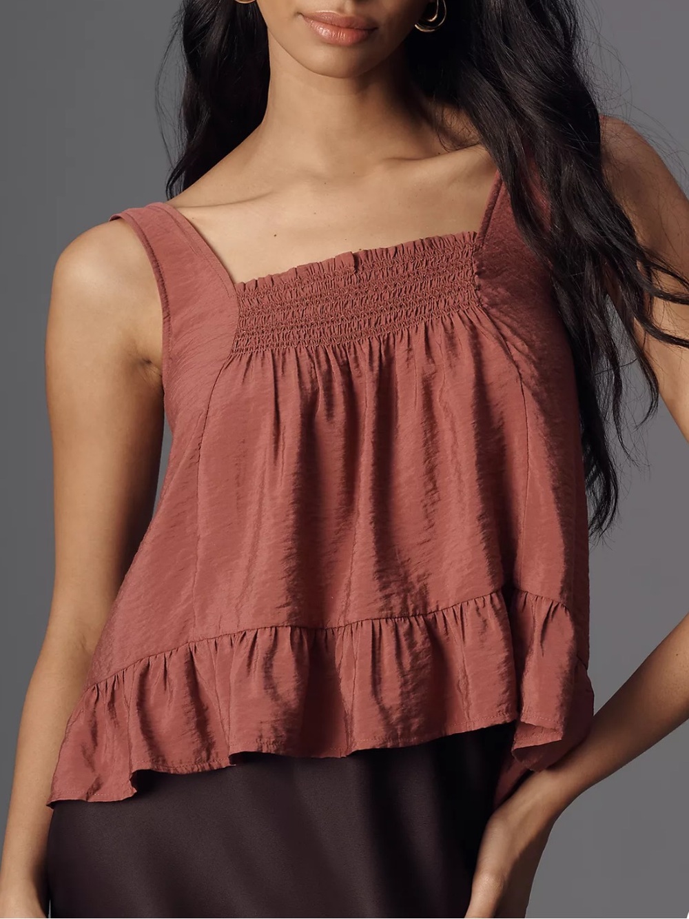 Maeve Anthropologie Burgundy Smocked Swing Tank Top M Ruffle Hem Boho Cottage